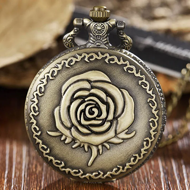 Flower Rose Pocket Watch Fob Clock with Chain Blossom Engraved Clock Men Blossom Bronze Case Watch Vintage Watches for Men Women - Цвет: rose pocket watch