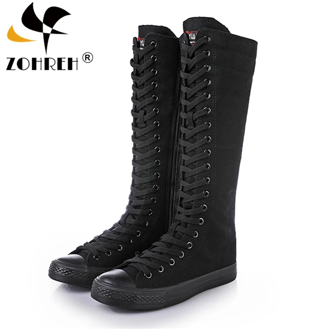 US $18.59 2019 Spring Autumn Women Shoes Canvas Casual High Top Shoes Long Boots Lace-Up Zipper Comfortable F