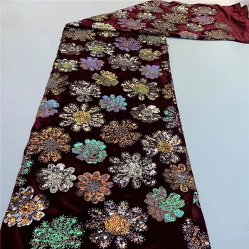 

Madison African French Velvet Lace Fabric With Sequins+Beads High Quality Nigerian Velvet Lace Fabric With Sequins For Dress