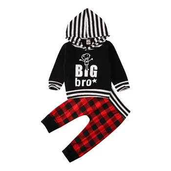 

Baby Boy Clothes Newborn Kid Big Bro Hooded Sweater Tops Plaid Pants Winter Clothes