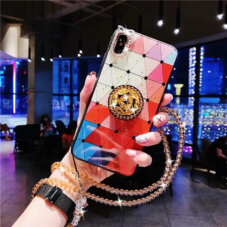 

case for iPhone 11 XR 7 8 11 Pro Max X XS Max Plus 6 6s cover Geometric Soft Case with Rhinestone kickstand(without chain)