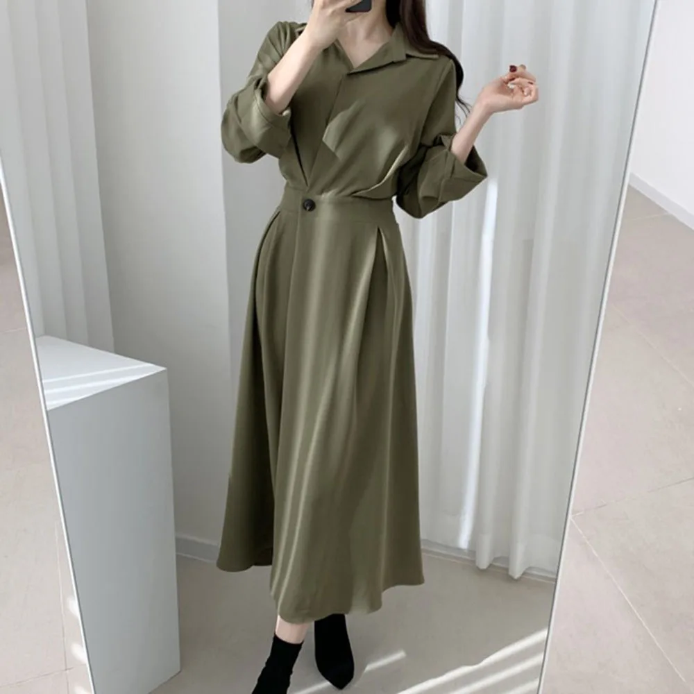 PROD 1005003350701512 2021 Spring Autumn Fashion Women Dress Solid
Color Lapel A Buckle ArmyGreen Long Long Sleeve Korea Casual Ladies
Dress