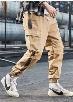

Fashionable new style solid color lace up pocket splicing contrast color loose men's casual pants