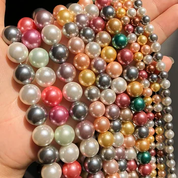 

6 8 10 12mm Multicolor Shell Pearls Beads Smooth Round Loose Beads For DIY Jewelry Making Bracelet Charms Accessories 15''Inches