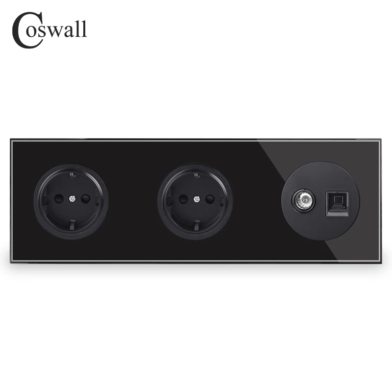 Coswall закаленное стекло панель 16A двойная настенная розетка стандарта ЕС+ женский ТВ разъем с CAT5E RJ45 компьютерный разъем R11 серии - Тип: Black