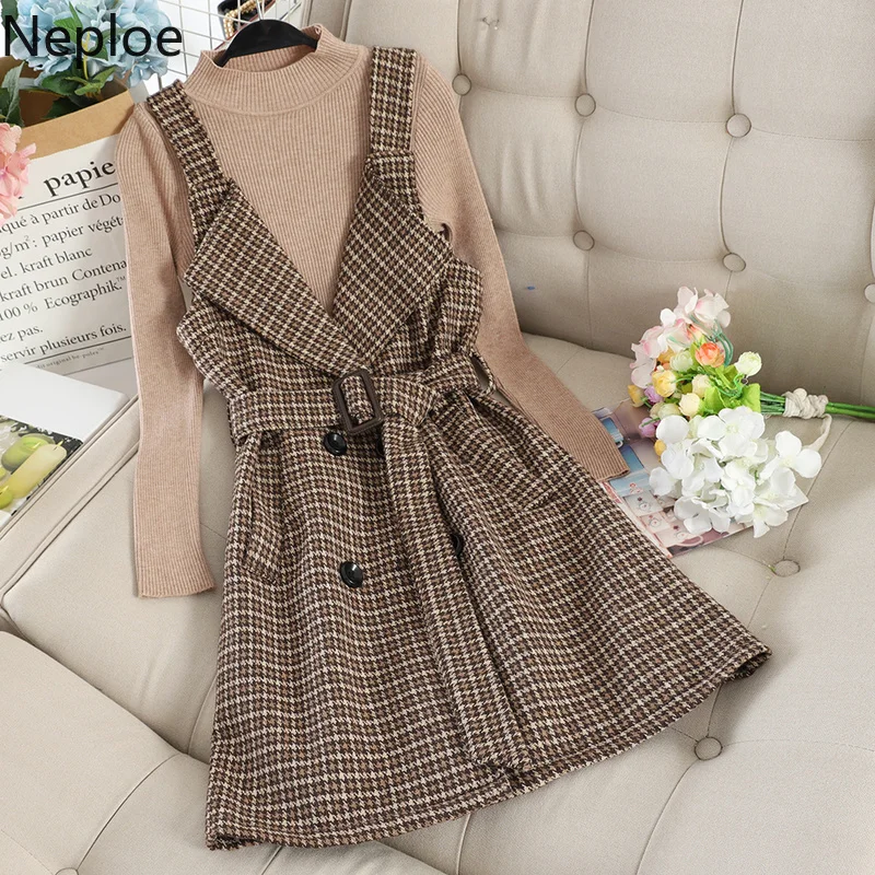 

Neploe Small Fragrance 2 Pcs Set Turtleneck Bottom Knit Sweater + Thousand-bird-lattice Suspender Skirt Temperament Chandal