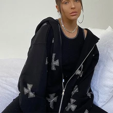 

High Street Retro American Rhinestone Hot Rhinestone Cross Jacket Black and White Cardigan Hooded Sweater Women's Pants Set y2k