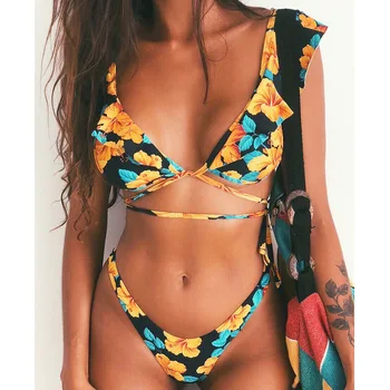 

Off Shoulder Print Ruffle Bikini 2019 Sexy Swimwear Women Swimsuit Brazilian Bikini Set Thong Bathing Suit maillot de bain femme