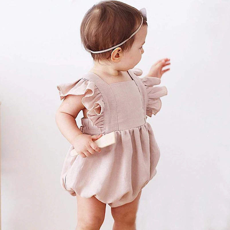Vintage Linen Cotton Baby Girls Romper Summer Ruffles Lace Sleeveless Jumpsuit for Toddler Girls One-Piece Children Clothing 6