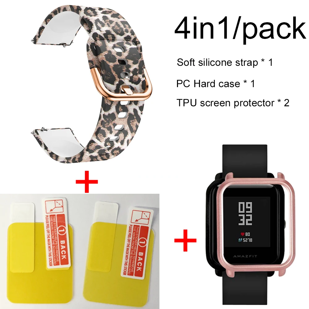 4в1 мягкий силиконовый ремешок для Xiaomi Huami Amazfit Bip маленький браслет часы с PC чехол Защитная пленка для экрана - Цвет: Leopard-Rose pink