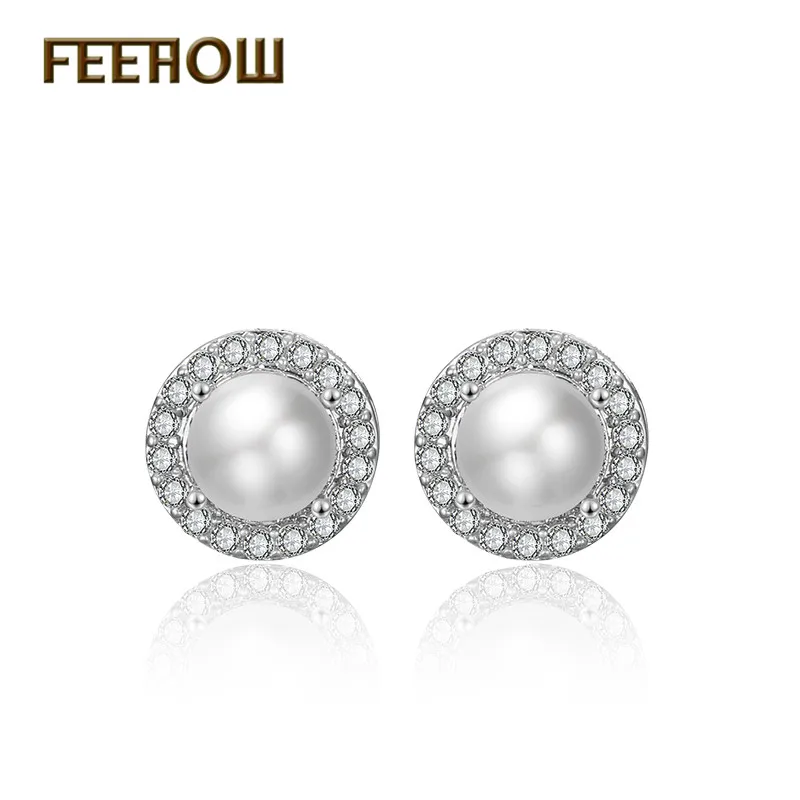 

FEEHOW New Round Cubic Zirconia Sliver Color Stud Earrings For women Fashion Imitation Pearl Bridal Wedding Accessories FWEP2258