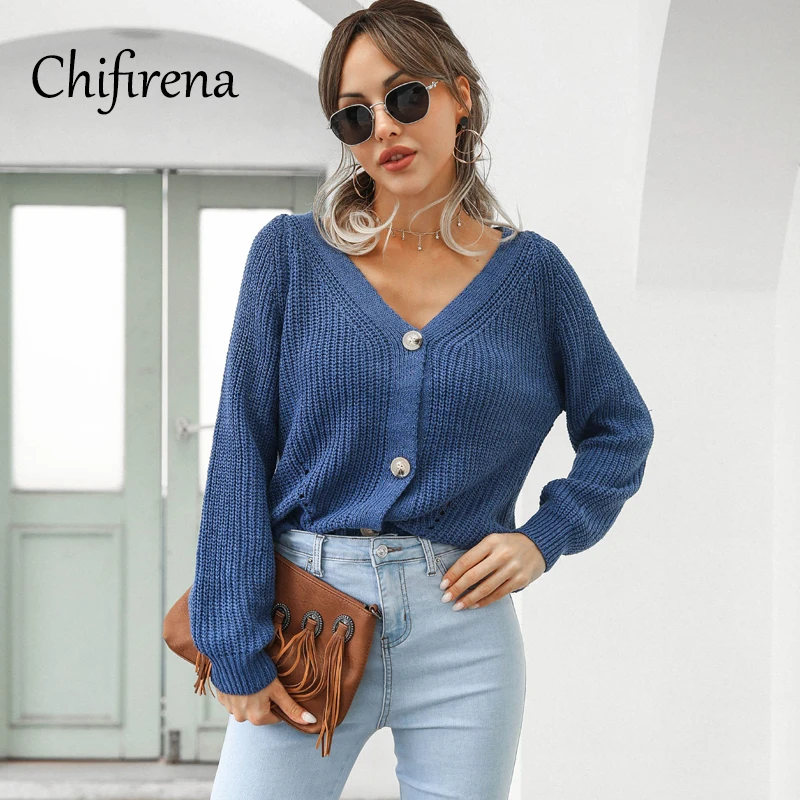 

Chifirena Winter Women Knitted Sweater V Neck Cardigan Top Single Breasted Loose Basic Sweater Female Fashion Knitwear Jumper