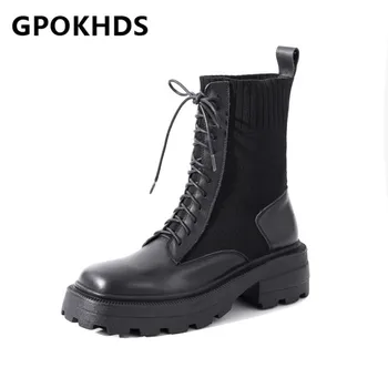 

GPOKHDS 2021 women Ankle boots Cow leather Winter short plush Square Toe Lace-Up Platform High heels female Riding boots size 41