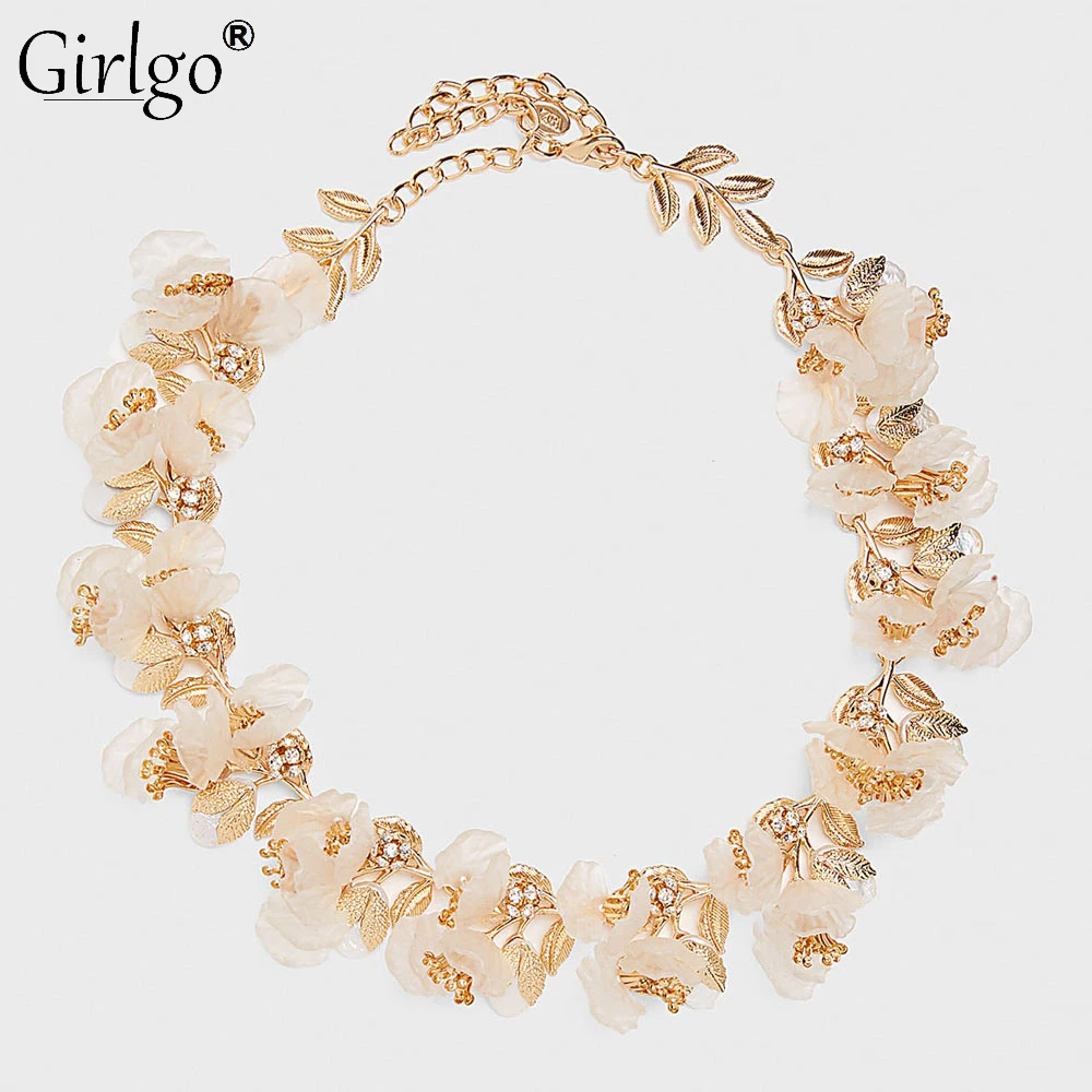 Girlgo Za дизайн Special Edition ожерелье из металлических цветов для Для женщин Роскошные кристаллами из эпоксидной смолы, колье-чокер Цепочки и ожерелья s свадебные украшения
