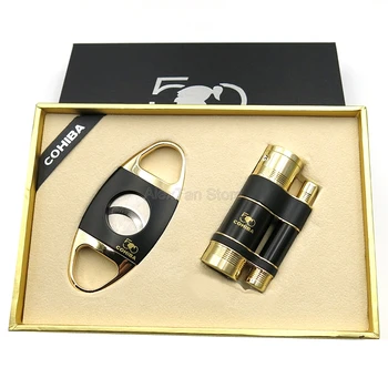 

COHIBA Creative 50th Anniversary Windproof Lighter 3 Torch Jet Flame Refillable Cigar Lighters W/Punch Cutter Gift Set
