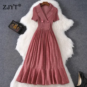 

2020 New Summer Elegant Short Sleeve Womens Clothing Turn Down Collar Dot Print Mid Calf Pleated Ruffle Dress Party