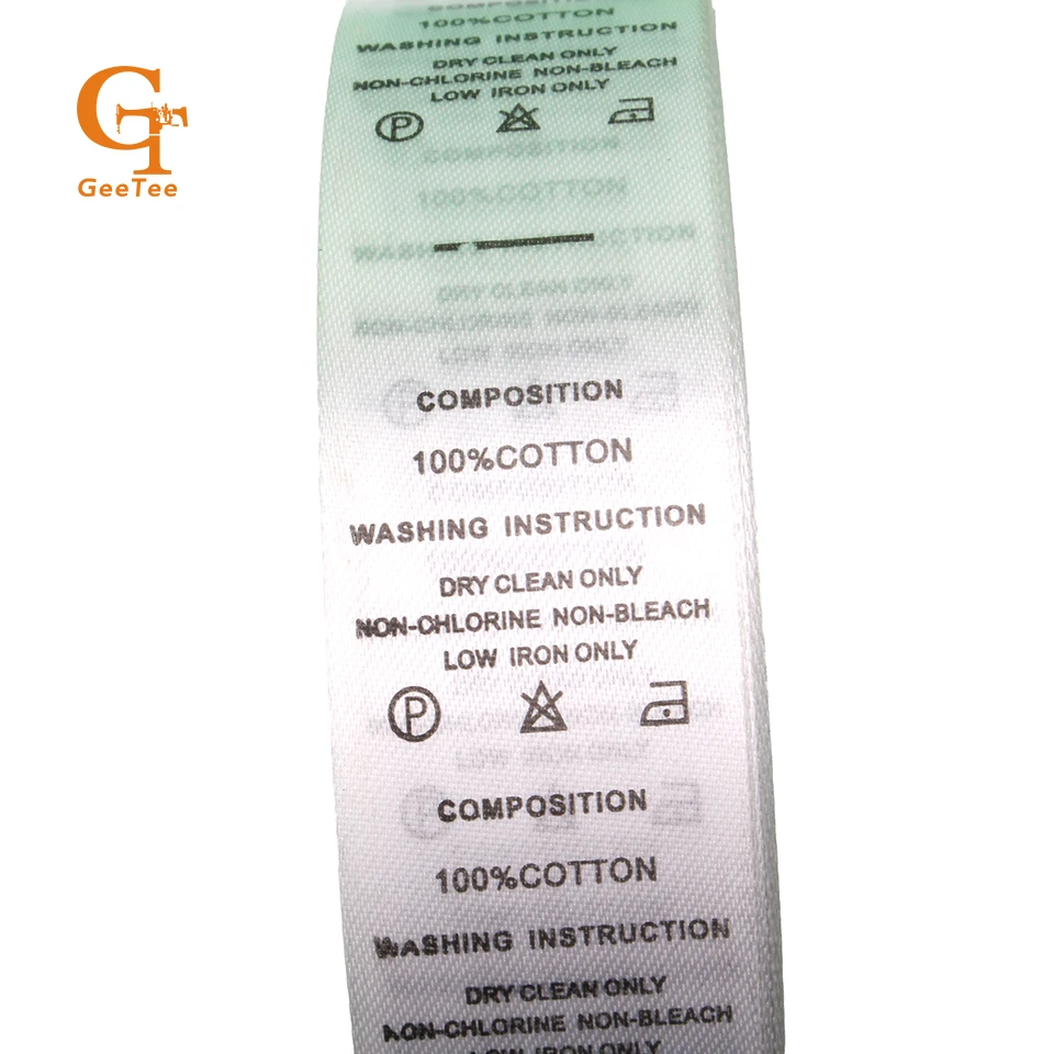 stock 100% cotton printing composition wash care labels tags,silk material ,washing instruction printed clothing washing labels