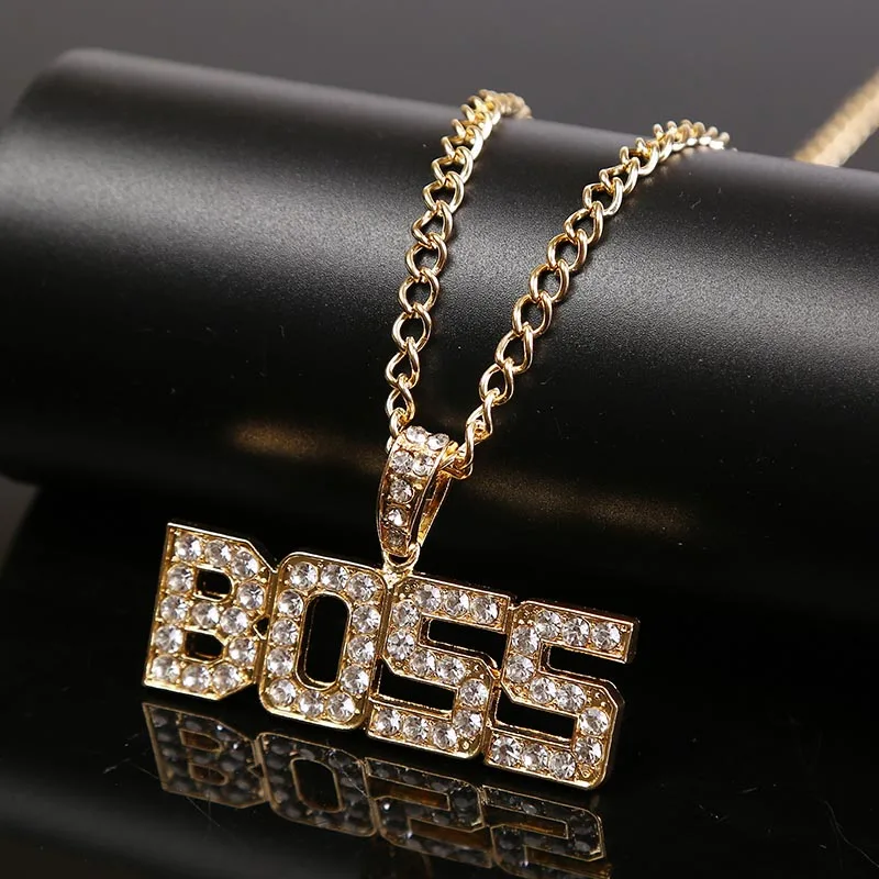 

Hip Hop Jewelry Personalized Rhinestone BOSS Letter Pendants Necklaces Women Men Party Fashion Long Chain Gold Necklace Gifts