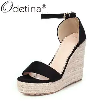 

Odetina Women Fashion Buckle Strap Linen Ankle Strap Party Shoes Lady Faux Suede Wedges Extreme High Heel Platform Casual Shoes