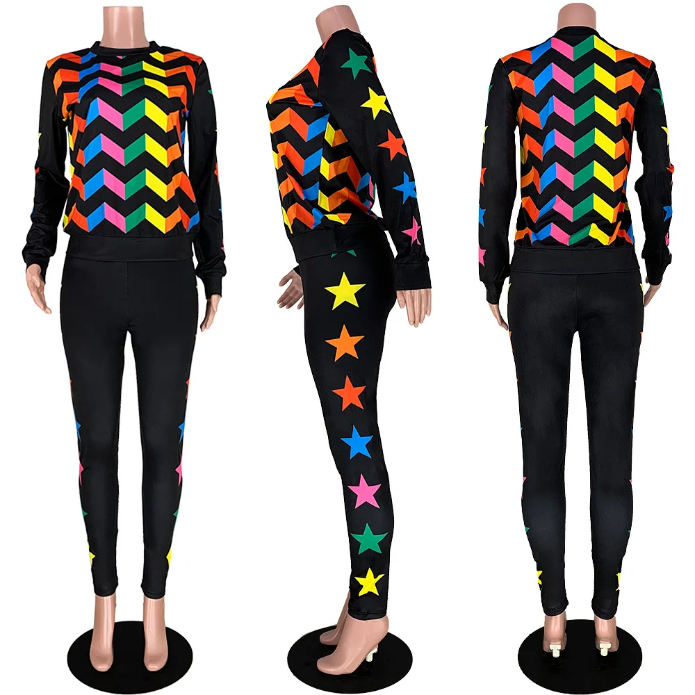 Womens Super Sport Long Sleeve Tracksuit Dot Star Printed Bodycon Crop Tops Skinny Jogger 2 Pieces Pencil Pants Set