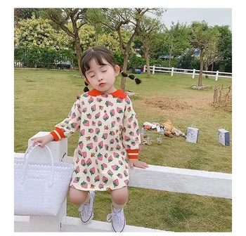 

2020 Spring New Fashion Kids Girl's Long Sleeve Dress Strawberry Print Lapel Dress
