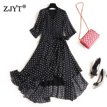 

Summer Clothes for Women 2020 New Fashion Designers V Neck Short Sleeve Bandage Polka Dot Print Asymmetrical Chiffon Dresses