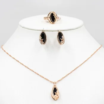 

Rose gold oval black stone necklace earrings ring jewelry set bride 585 gold necklace earrings ring fashion women's holiday part