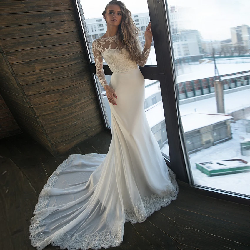 Очаровательные свадебные платья русалки Vestido De Noiva платье с круглым вырезом и длинными рукавами Бисероплетение блестками шифоновое свадебное платье Robe Mariee V back