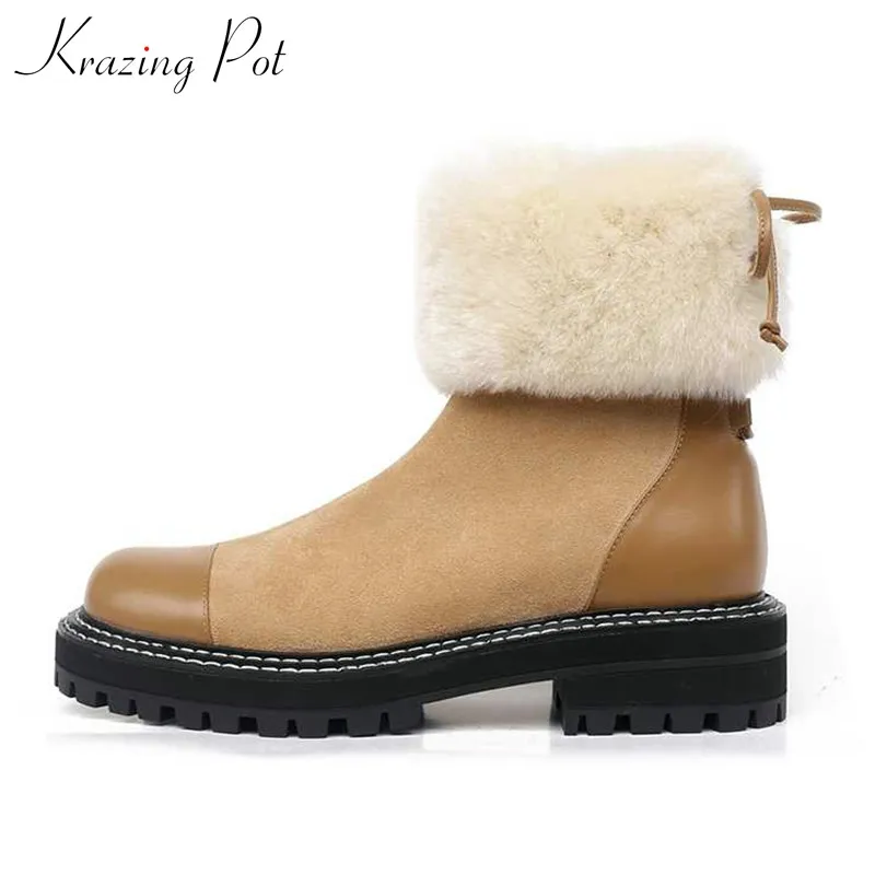 

krazing pot gorgeous cow leather patchwork rabbit fur flock boots round toe med heels keep warm lace up women ankle boots L81