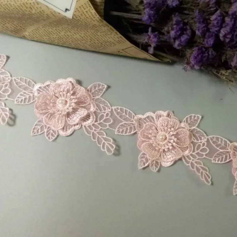 

1 yard 12cm Pink Cotton Pearl Flowers Leaf Embroidered Lace Trim Ribbon Fabric Sewing Supplies Craft For Garment Hat Decoration