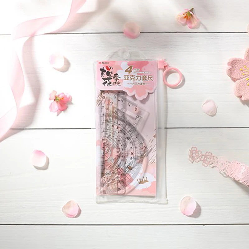 M&G Sakura Season Series Acrylic Ruler 4-Piece Set 4 Different Measuring Tools Kawaii Office Study Painting Stationery