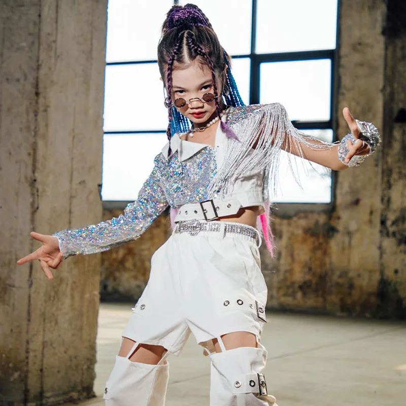 2022 Kids Jazz Dance Costumes Sequin Fringe Tops White Pants Modern Street  Dance Stage Performance Clothing Hip Hop Suit DQL6130