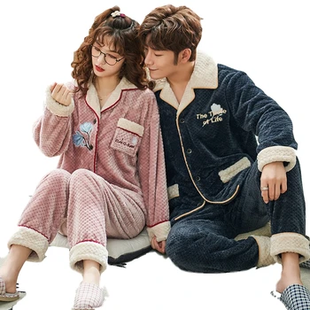 

Men And Women Home Service Long-Sleeved Flannel Autumn And Winter New Pineapple Gauze Cardigan Couple Pajamas