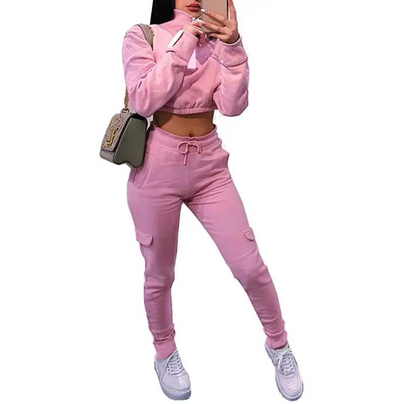 

2019 Autumn Two Pieces Set Women's Youth Pink Casual Tracksuits Croped Long Sleeve Zipper Up Sweatshirt & Pockets Pants Trousers