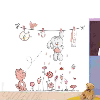 

Cartoon cat and bunny girl rooms wall sticker Children's bedroom wallpaper decoration Cute animals Home Decor stickers