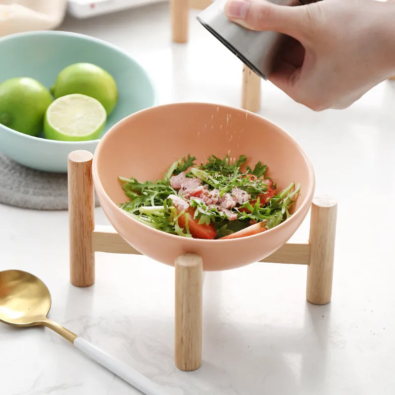 

1pcs Porcelain Water Feeder Bowl Food Bowl Pet Supplies Ceramic Dog Cat Bowl Food Bowl With Wood Stand Bracket Drop Shipping