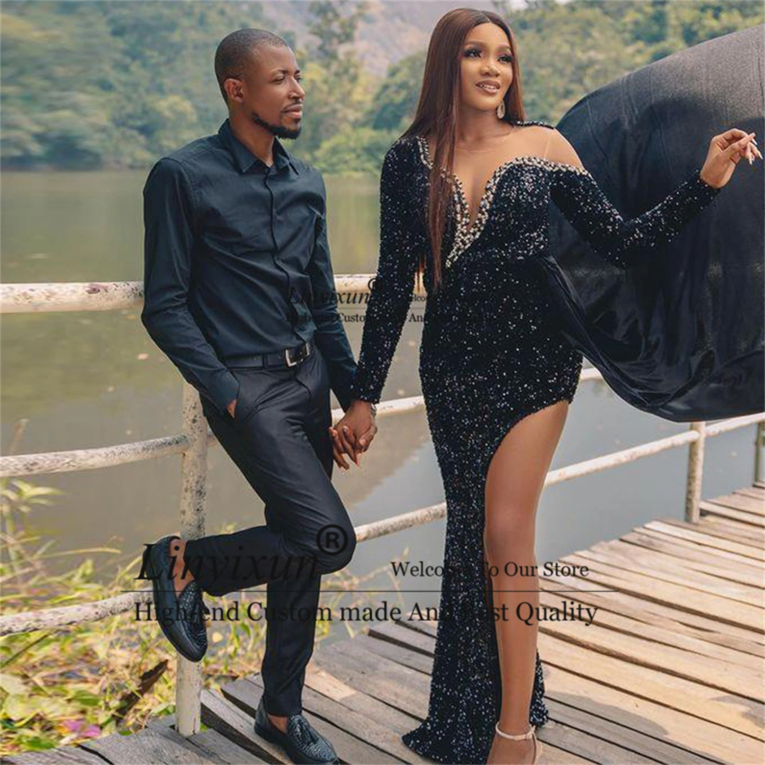 light blue prom dresses Sexy Sequins Prom Dresses With Side Thigh Split O Neck Long Sleeve African Aso Ebi Evening Gowns Black Mermaid Robes De Soirée simple prom dresses