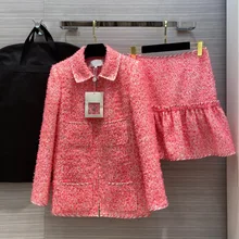 

2020 Spring Autumn Chic women's High quality Elegant tweed coat 100%Silk lining Pockets Pink coat C033