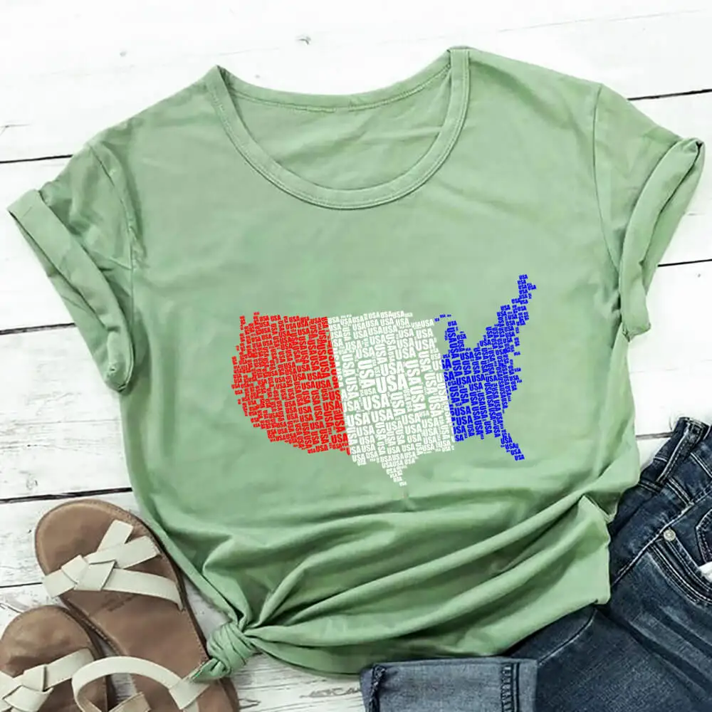 

USA Map 4th Of July Shirt 100%Cotton Women Tshirt Unisex Funny Summer Casual Short Sleeve Top Holiday Tee July 4th Shirt
