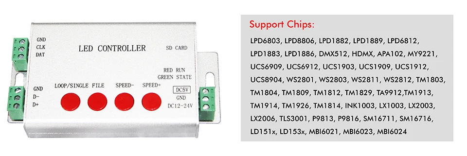 H801SB LED Controller, Programmable, 1 Port Drive 2048 Pixels, work with or without SD card, Support WS2812,WS2811 etc