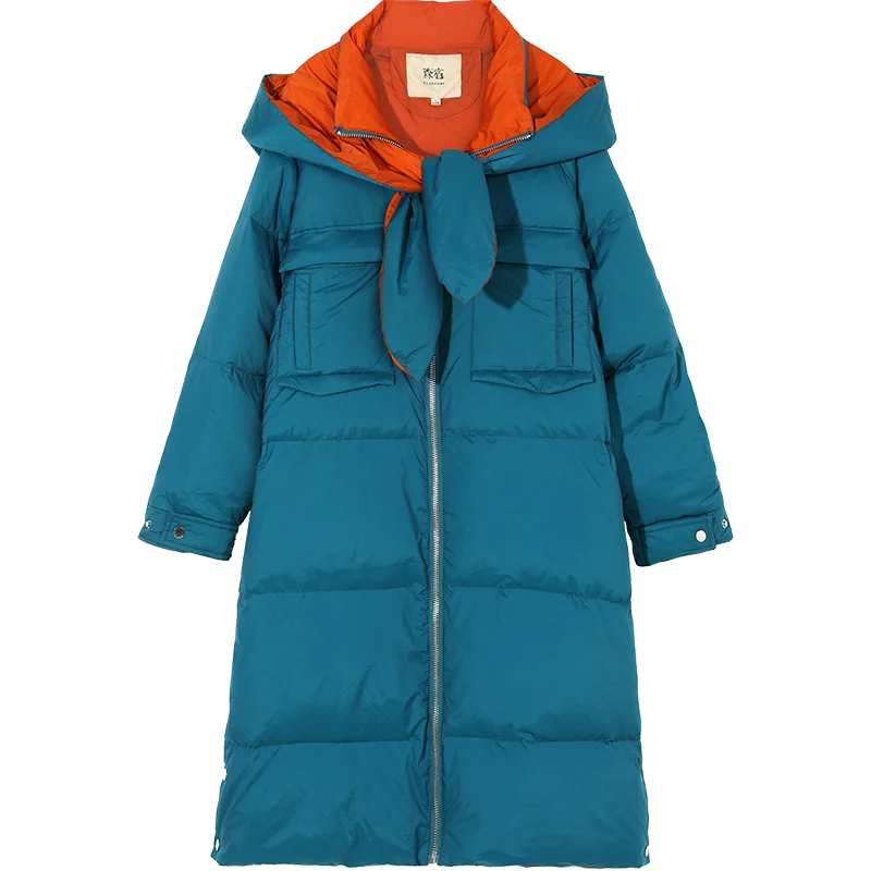 Peacock blue SAM'S TREE павлин синий однотонный бант спереди прямой теплый пуховик для женщин зима корейский Офис Леди Повседневная Верхняя одежда - Цвет: Peacock blue