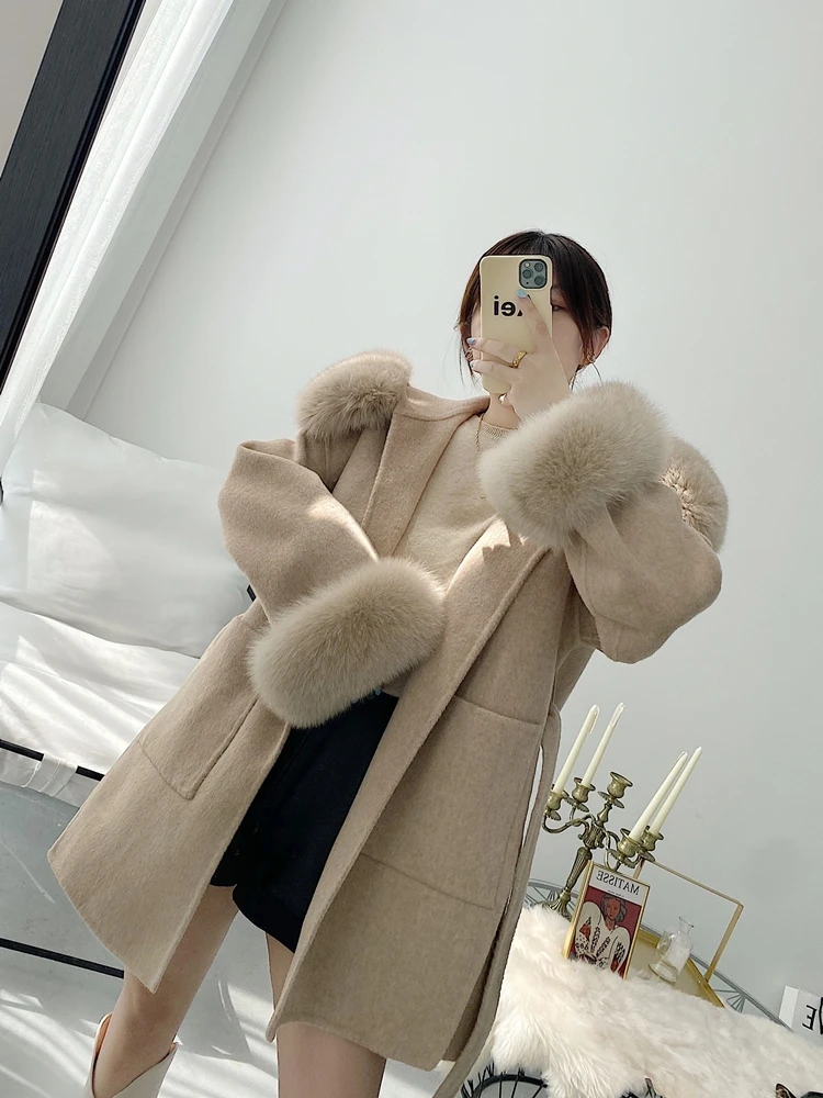 Oversize Ladies Outerwear 2022 Real Fur Coat Winter Jacket Women Natural  Fox Fur Collar Cuffs Hood Cashmere Wool Woolen