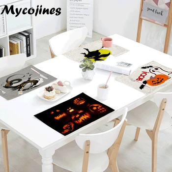 

Joyful Fall Halloween Pumpkin Kitchen Table Cloth Napkin Moon Black Cat Castle Dragon Linen Christmas Reusable Napkin Tea Towel