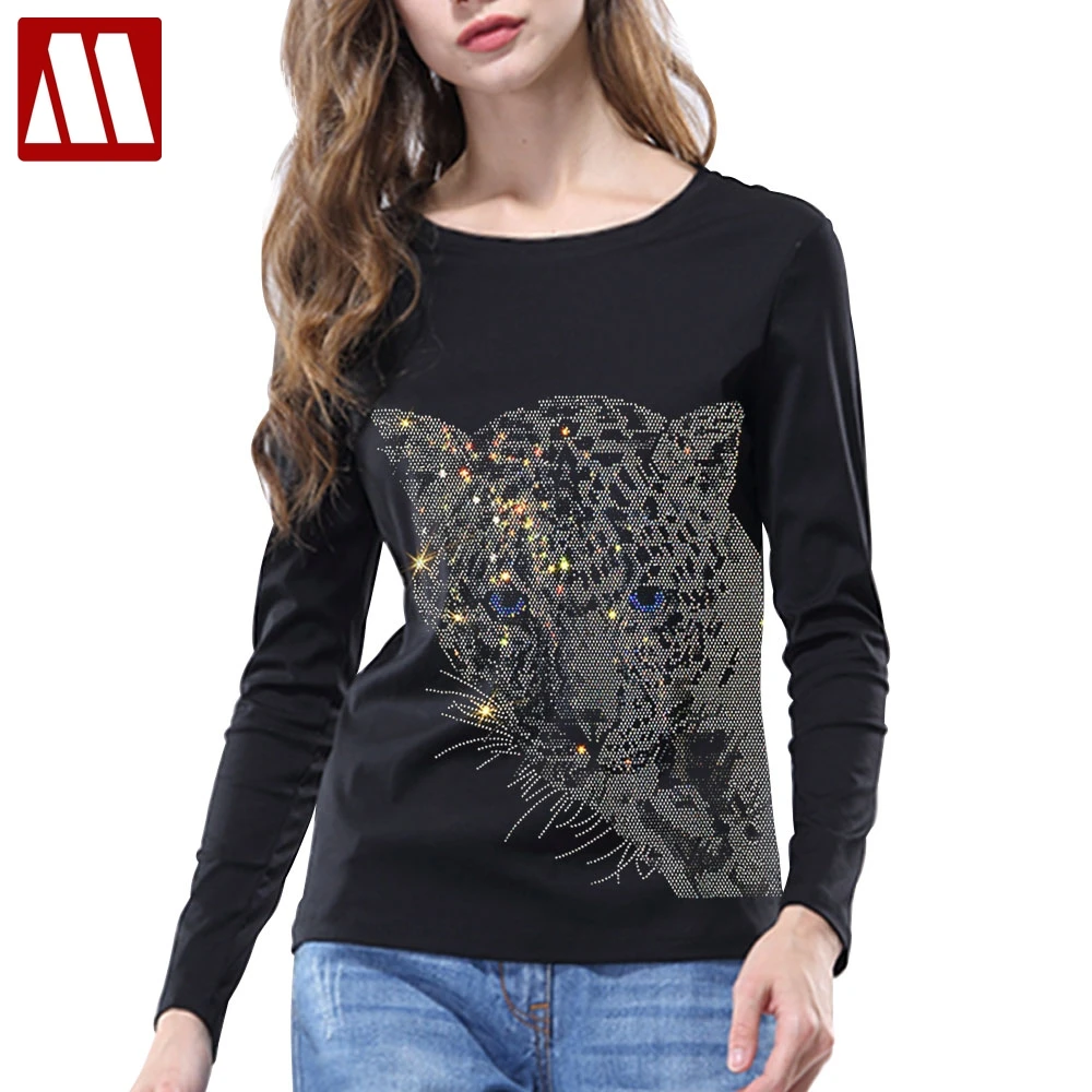 Shining Rhinestone Diamond T-shirt Big Size Women Casual Tops Leopard Head Printed Full Sleeve Tshirt Pullover Tee Shirts Femme