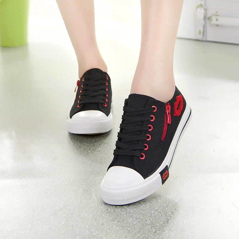 

Women Casual Canvas Shoes Woman Vulcanized Shoes Lace Up Zip Ladies Sneakers Female Flat Comfort Fashion Lips Women's Footwear