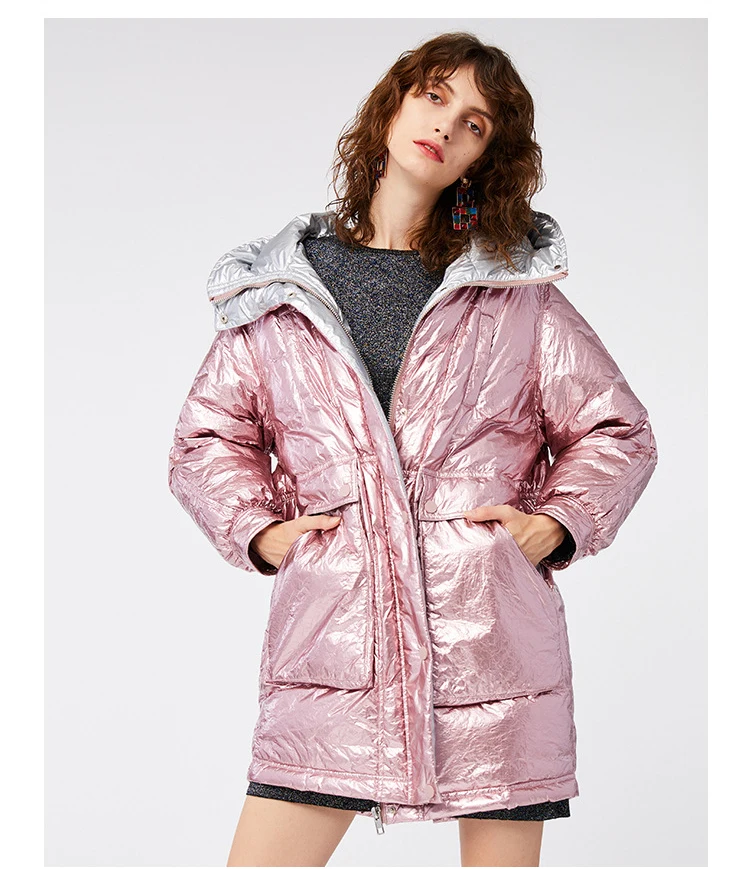 new women winter medium-long down jacket bright bread coat with silver interior windproof paded outerwear with large pocket