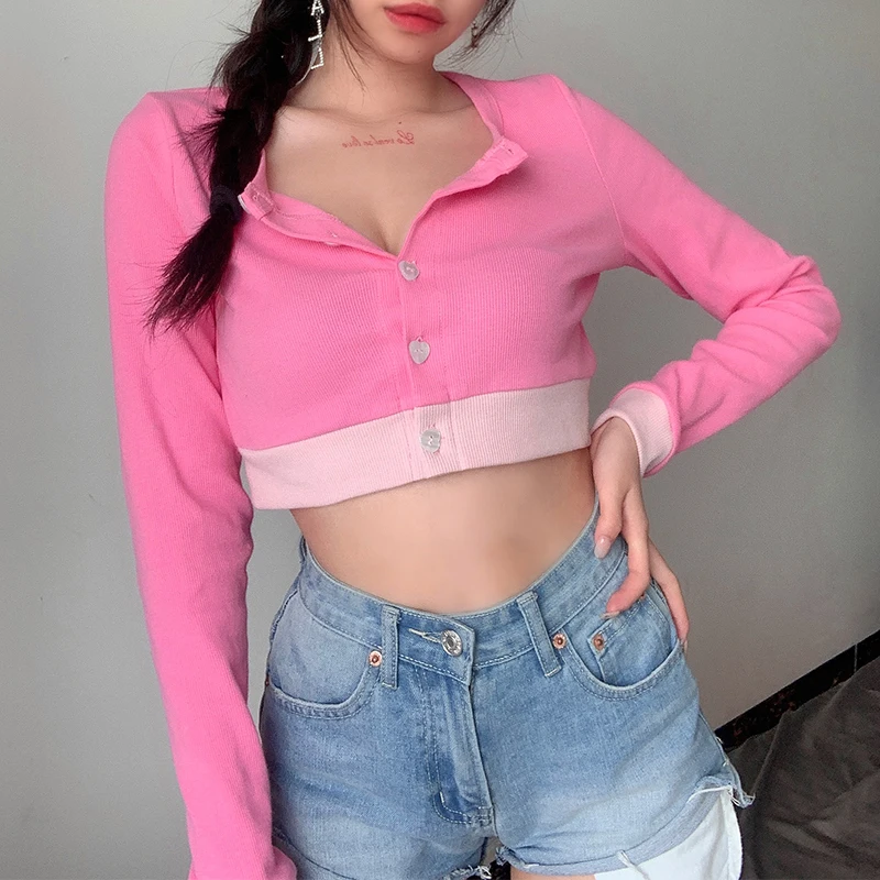 IAMSURE Contrast Color Cute Fitness Long Sleeve Blouse For Women Korean Streetwear Fashion Casual Female Crop Tops Shirts