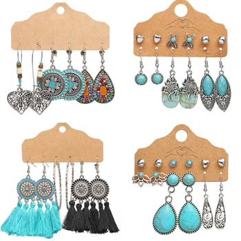 

17KM Vintage Green Stone Earrings Set For Women Boho Ethnic Tassel Moon Dangle Earring Bohemian Silver Color Earrings Jewelry