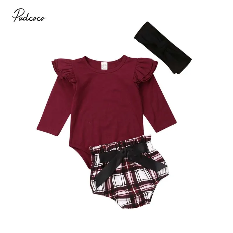 

2019 Brand Newborn Baby Girls Clothes Fly Sleeve Solid Bodysuit Tops Checks Shorts PP Pants 3PCS Outfits Autumn Casual Baby Set