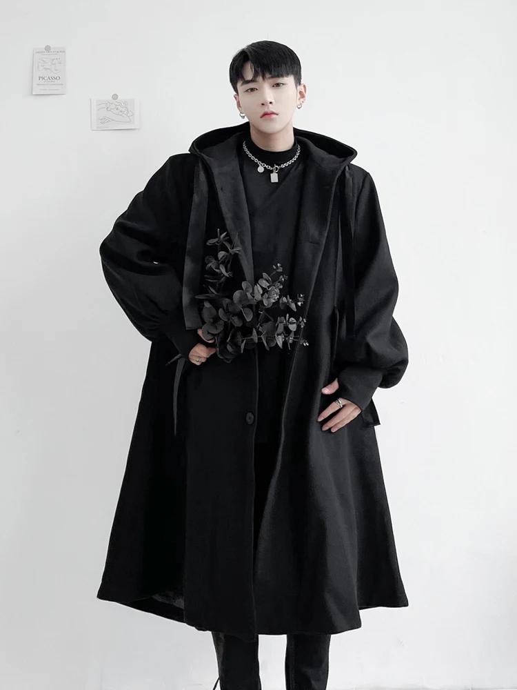 

Men's Ins Medium And Long Woolen Coat Winter Fashion Youth Trend Large Personalized Streamer Loose Hooded a-Word Woolen Coat